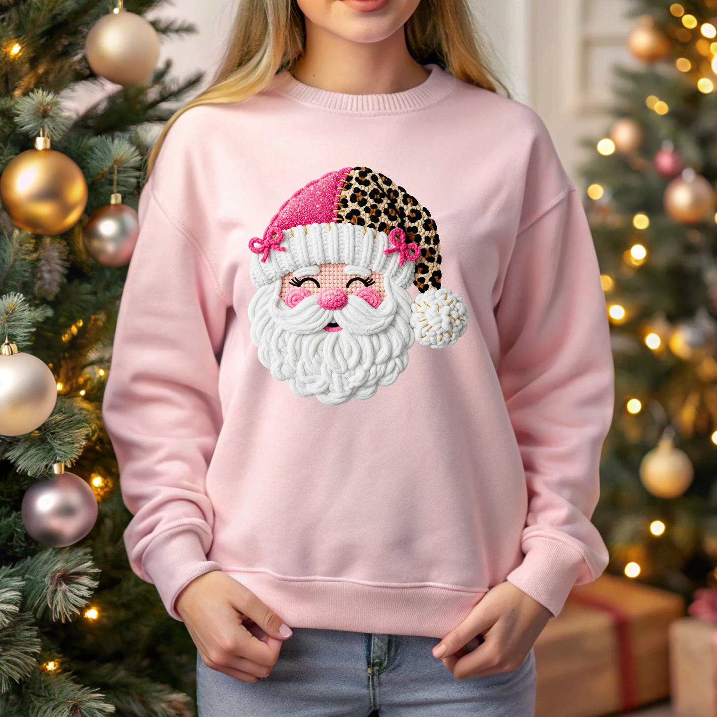 Pink Santa Sweatshirt or T-Shirt Women Leopard Santa Christmas Top