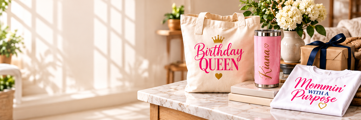 Illustrative personalized gifts styled in a sunlit home