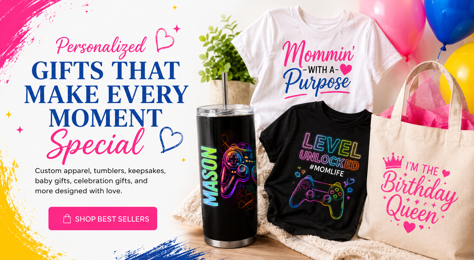Personalized gifts including a tumbler, t-shirt, and tote bag with text and graphics.